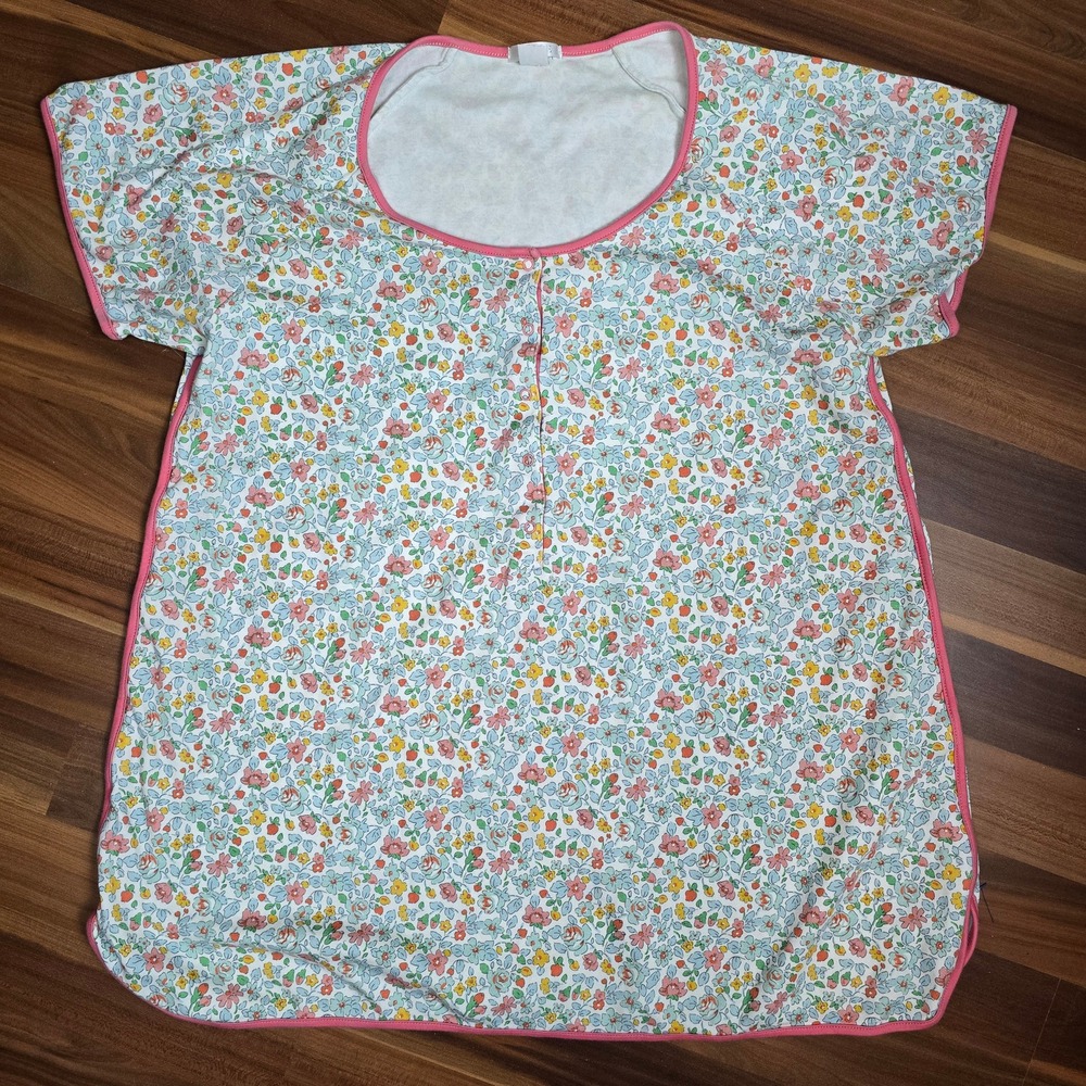 LAKE Pajamas Floral Short Sleeve Top Sz L 100% Pima Cotton Pink Trim Loungewear